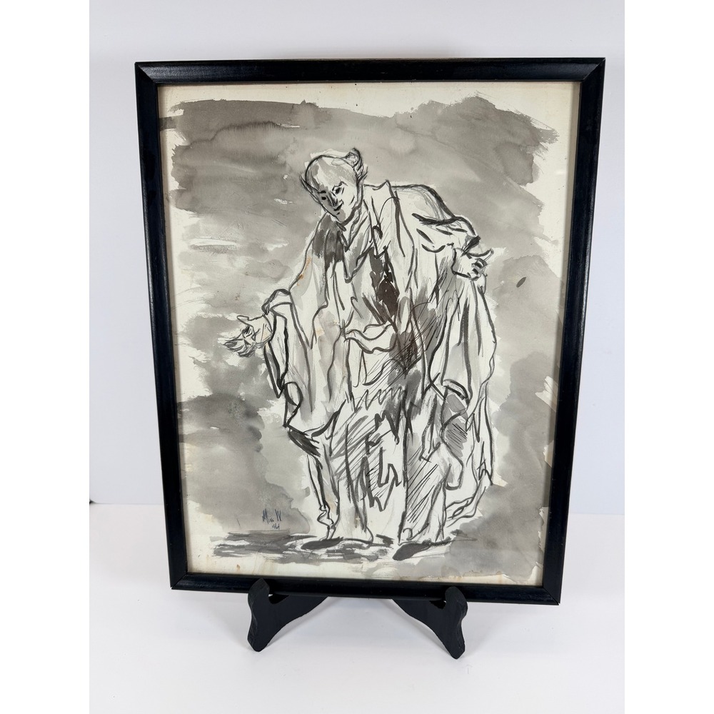Vintage Ink Wash Drawing Framed‎ 1964 Figure Study Artist Signed M. W.